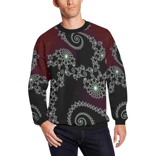 Black and White Lace on Maroon Velvet Fractal Abstract All Over Print Crewneck Sweatshirt for Men (Model H18)