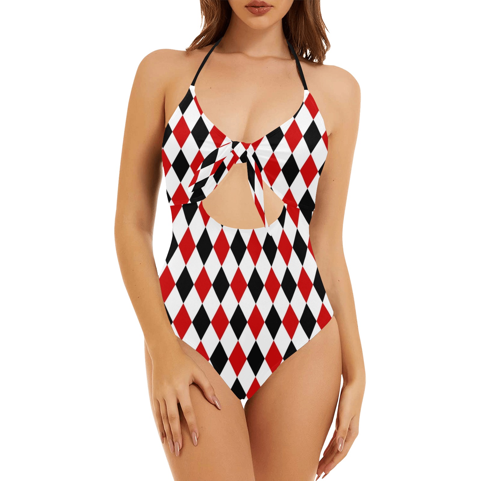 DIAMOND PATTERN Backless Hollow Out Bow Tie Swimsuit (Model S17)