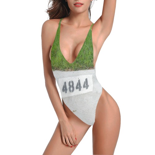 Street Number 4844 with gray straps Sexy Low Back One-Piece Swimsuit (Model S09)