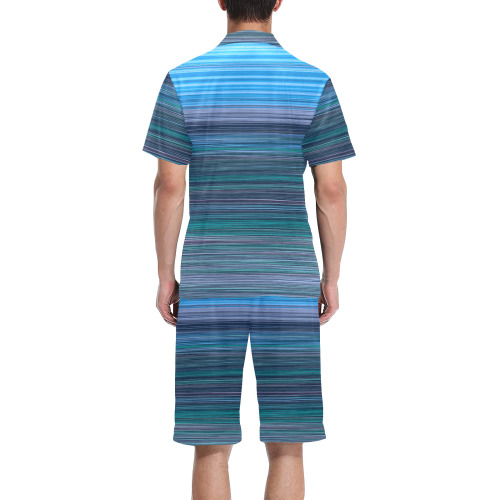 Abstract Blue Horizontal Stripes Men's V-Neck Short Pajama Set