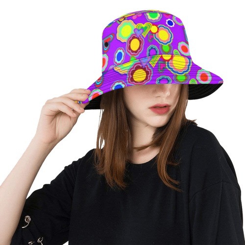Groovy Hearts and Flowers Purple Unisex Summer Bucket Hat