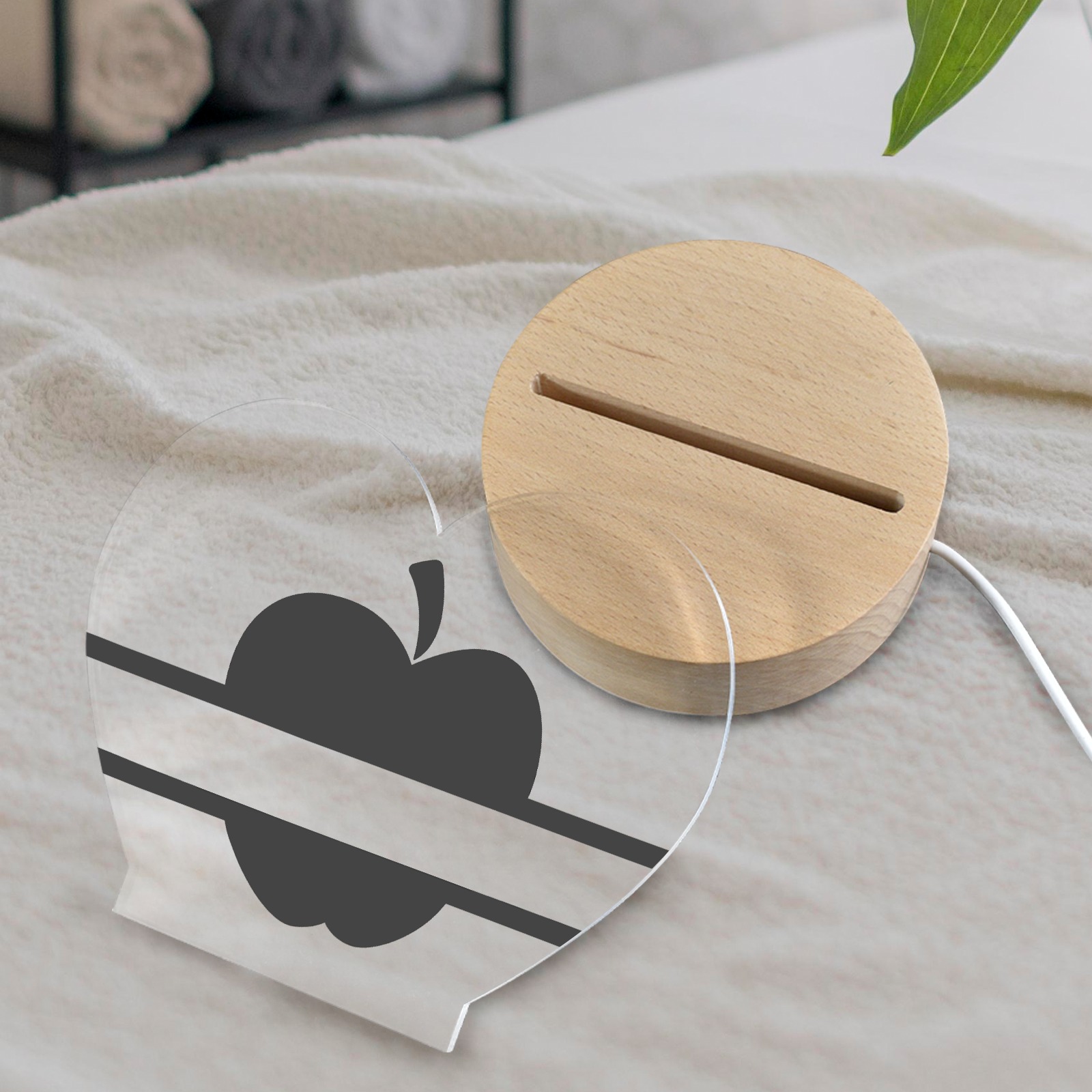 Custom Teacher Split Apple Monogram Heart-Shaped Acrylic Photo Panel with Light Base