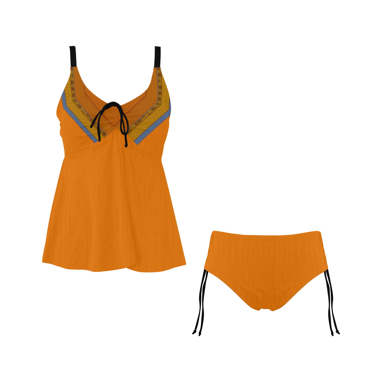 Ethnic Orange, Blue and Rust Chest Drawstring Swim Dress (Model S30)