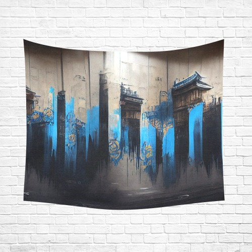 graffiti building's black and blue Cotton Linen Wall Tapestry 60"x 51"