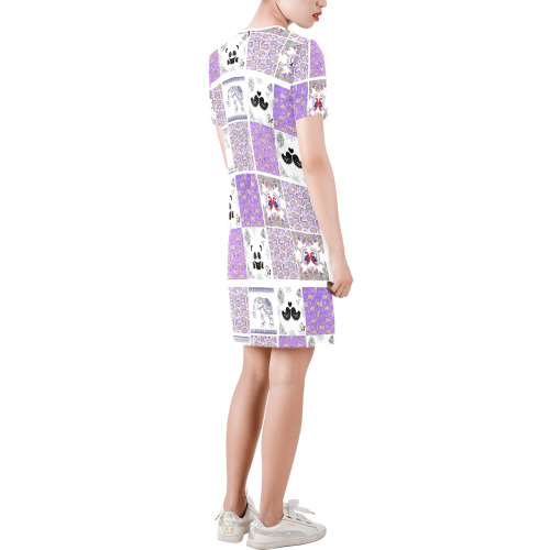 Purple Paisley Birds and Animals Patchwork Design Short-Sleeve Round Neck A-Line Dress (Model D47)