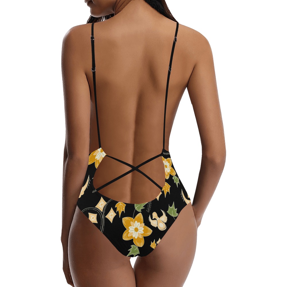 ONE-PIECE BLACK FLORAL YELLOW Sexy Lacing Backless One-Piece Swimsuit (Model S10)