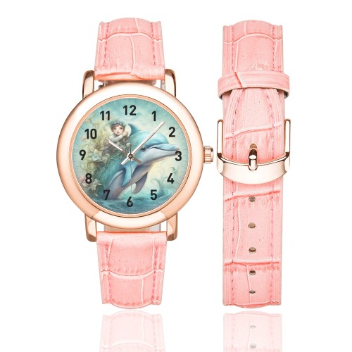 Dolphin Fantasy 5 Women's Rose Gold Leather Strap Watch(Model 201)