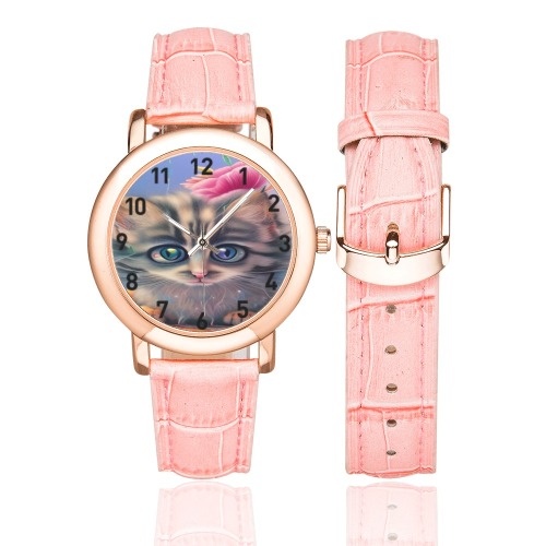 Cute Kittens 3 Women's Rose Gold Leather Strap Watch(Model 201)