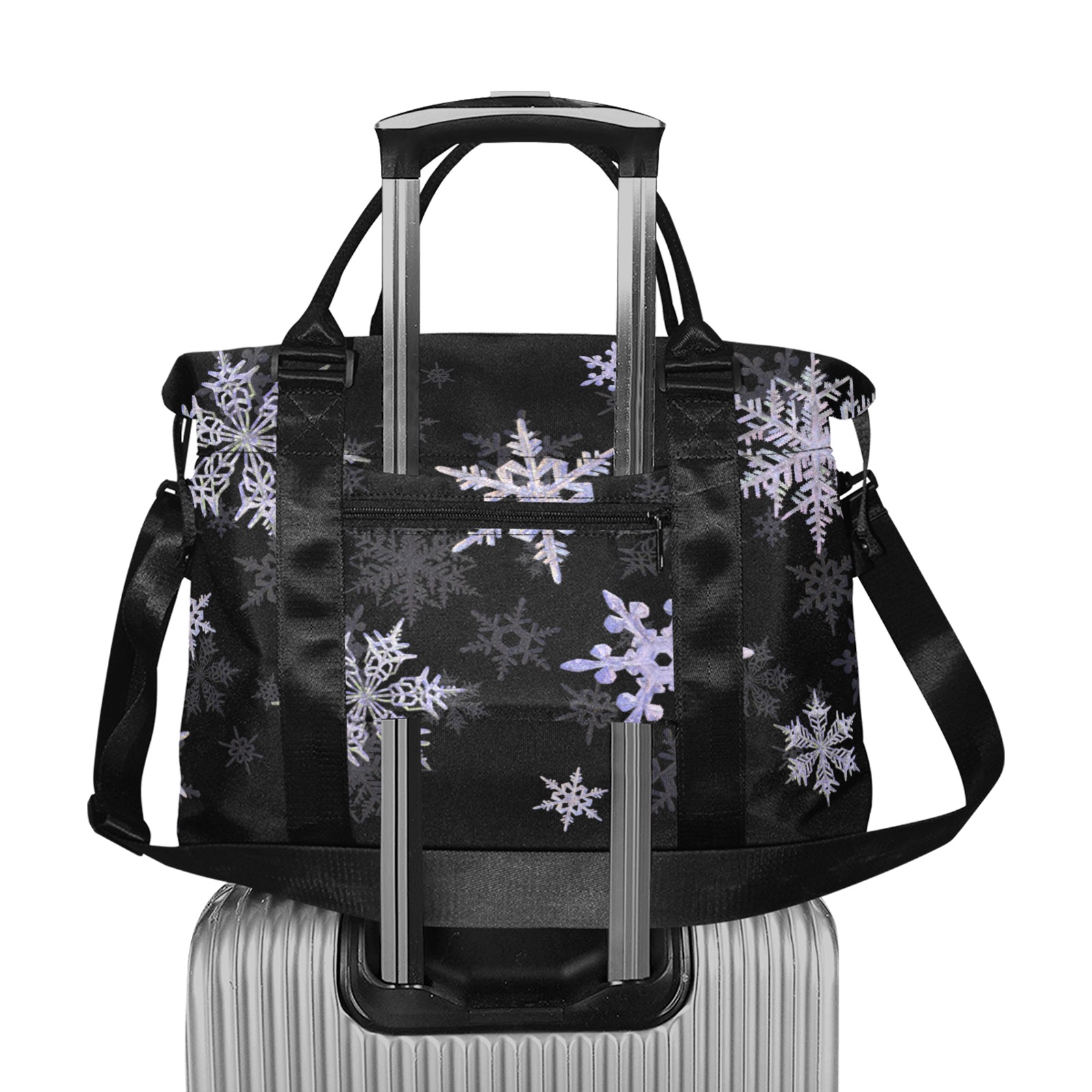 Snowflakes Winter Christmas Time pattern on black Large Capacity Duffle Bag (Model 1715)
