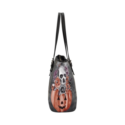 Skull Pumpkin Leather Tote Gray Leather Tote Bag/Large (Model 1640)
