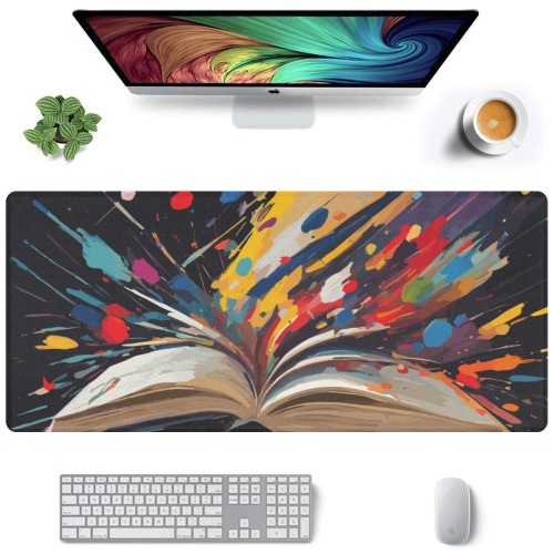An open book and colorful paint strokes on black Gaming Mousepad (35"x16")