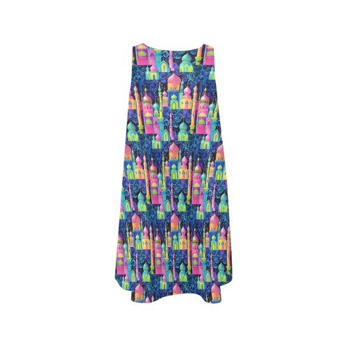 Whimsical Moroccan Print Colorful Arabesque Pattern Sleeveless A-Line Pocket Dress (Model D57)