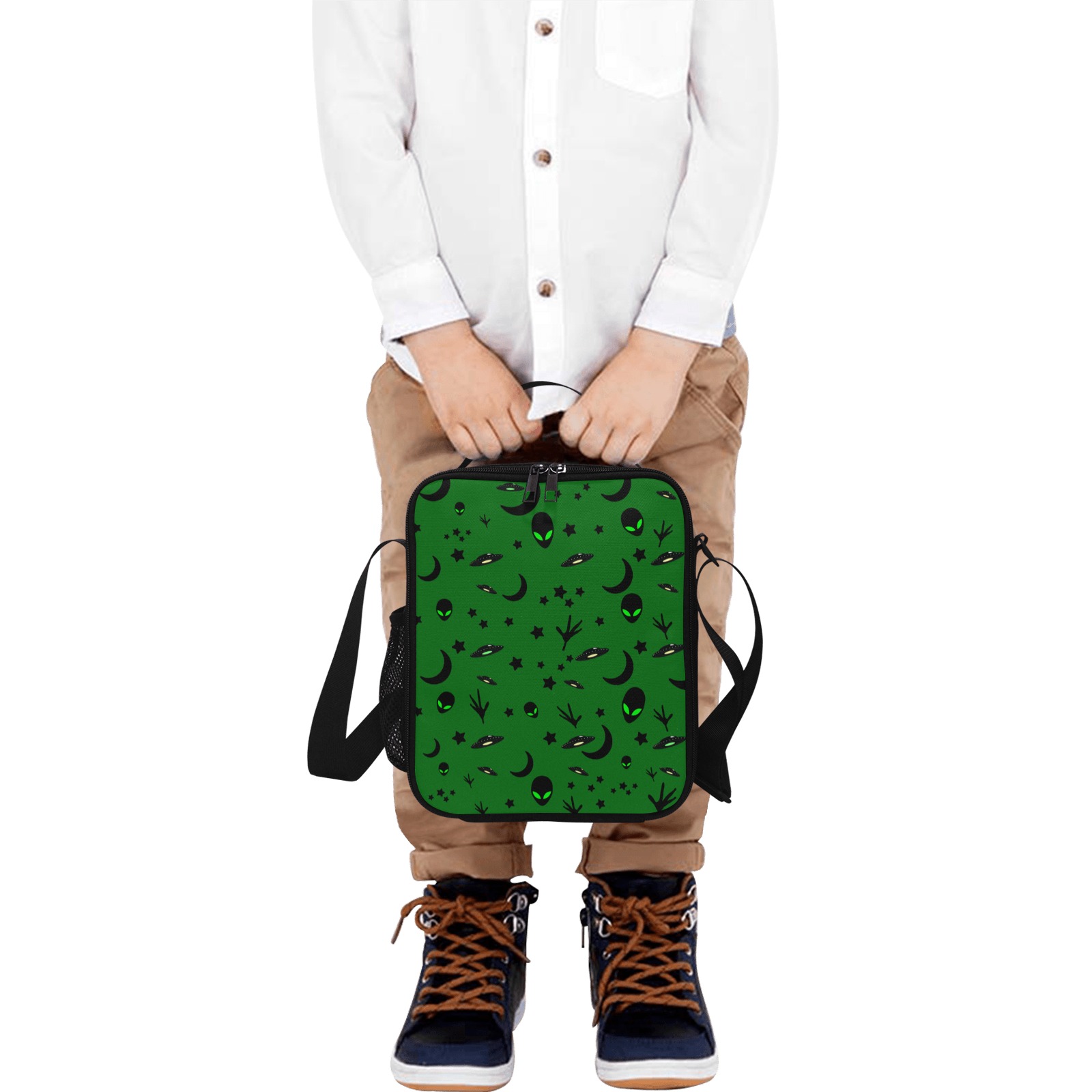 Aliens and Spaceships - Green Crossbody Lunch Bag for Kids (Model 1722)