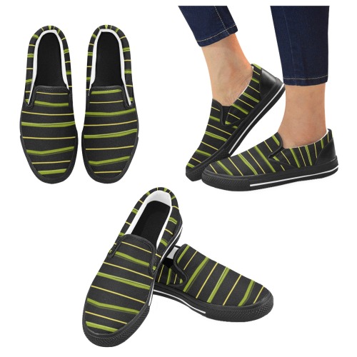 Green Stripes on Black Women's Unusual Slip-on Canvas Shoes (Model 019)