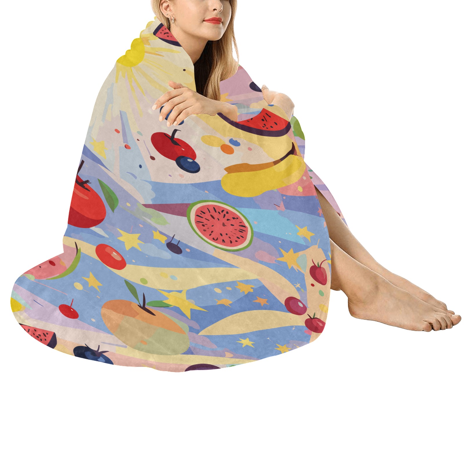 Colorful fruits, shining sun, stars. Positive art. Circular Ultra-Soft Micro Fleece Blanket 60"
