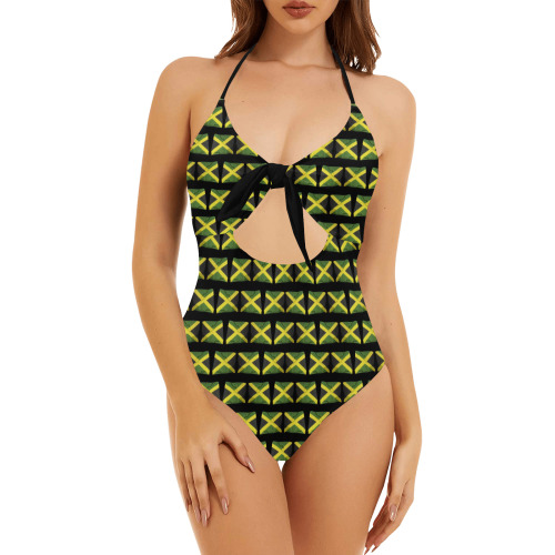 Jamaican Flags Backless Hollow Out Bow Tie Swimsuit (Model S17)