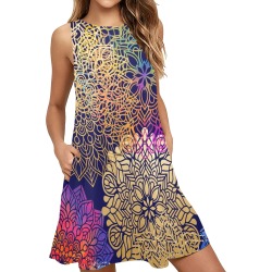 Floral Mandala on Black Background Sleeveless A-Line Pocket Dress (Model D57)