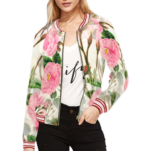Vintage Pink Rose Garden Blossom All Over Print Bomber Jacket for Women (Model H21)