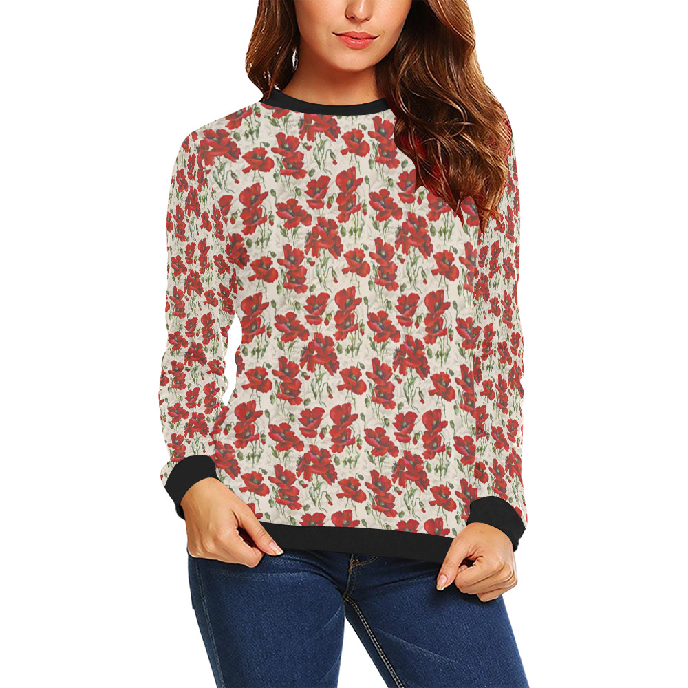 Red Poppy Flowers Vintage Floral Pattern All Over Print Crewneck Sweatshirt for Women (Model H18)