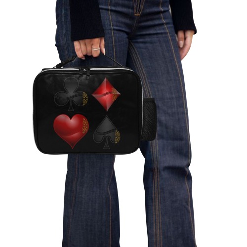 Black Red Playing Card Shapes / Black PU Leather Lunch Bag (Model 1723)