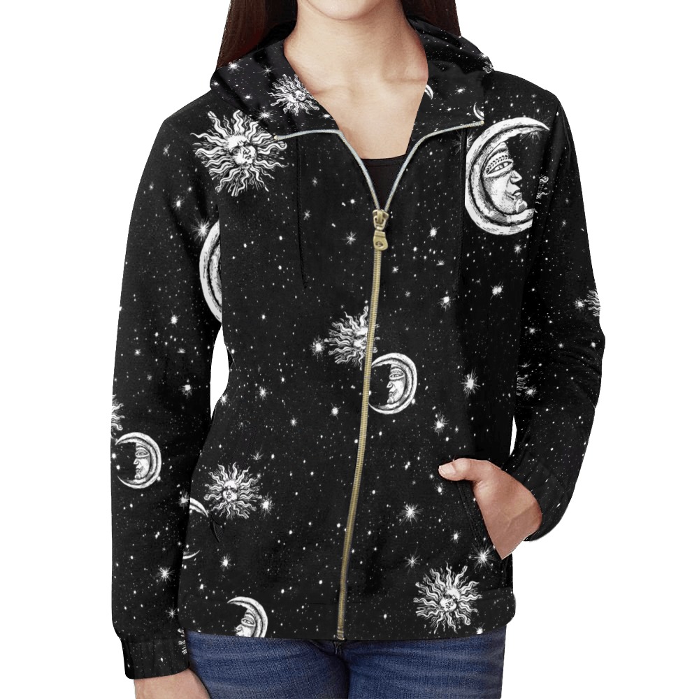 Stars Moon Sun in the Universe All Over Print Full Zip Hoodie for Women (Model H14)