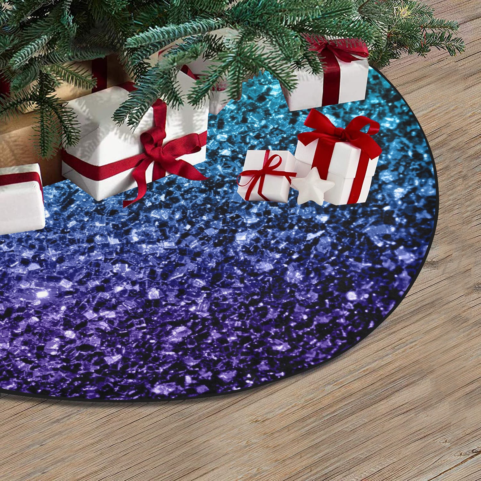 Aqua blue ombre faux glitter sparkles Thick Christmas Tree Skirt 30" x 30"