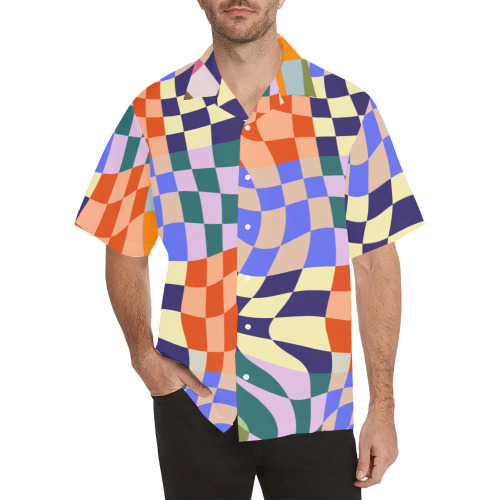 Wavy Groovy Geometric Checkered Retro Abstract Mosaic Pixels Hawaiian Shirt (Model T58)