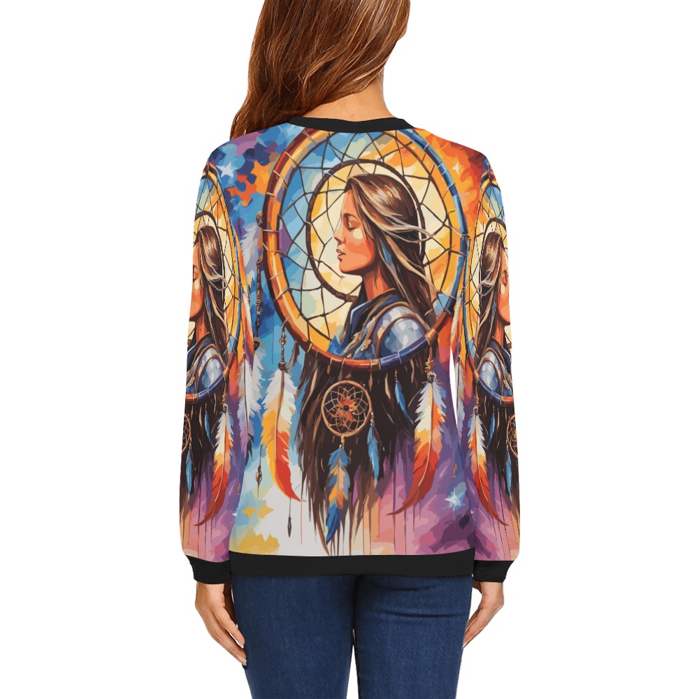 Dreaming woman inside a dreamcatcher colorful art. All Over Print Crewneck Sweatshirt for Women (Model H18)
