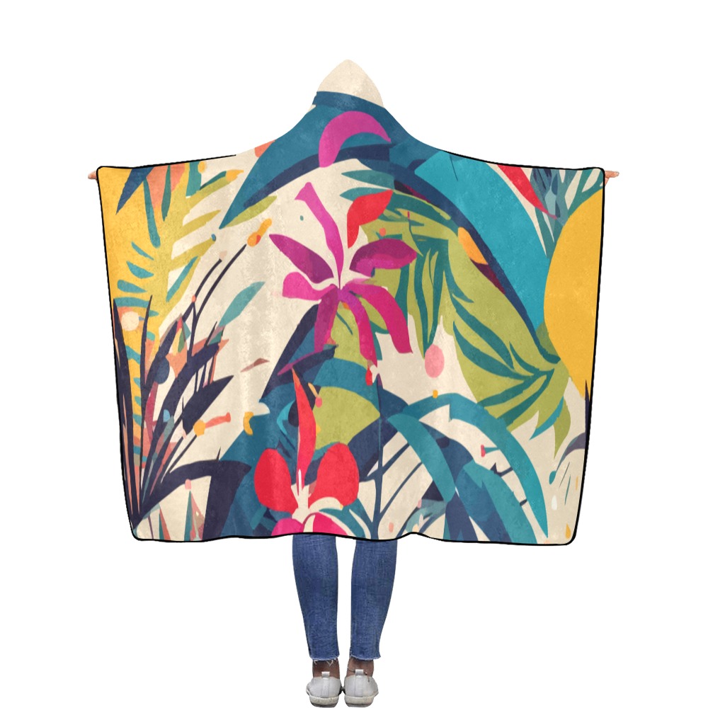 Glamour boho art of tropical flowers and plants. Flannel Hooded Blanket 56''x80''