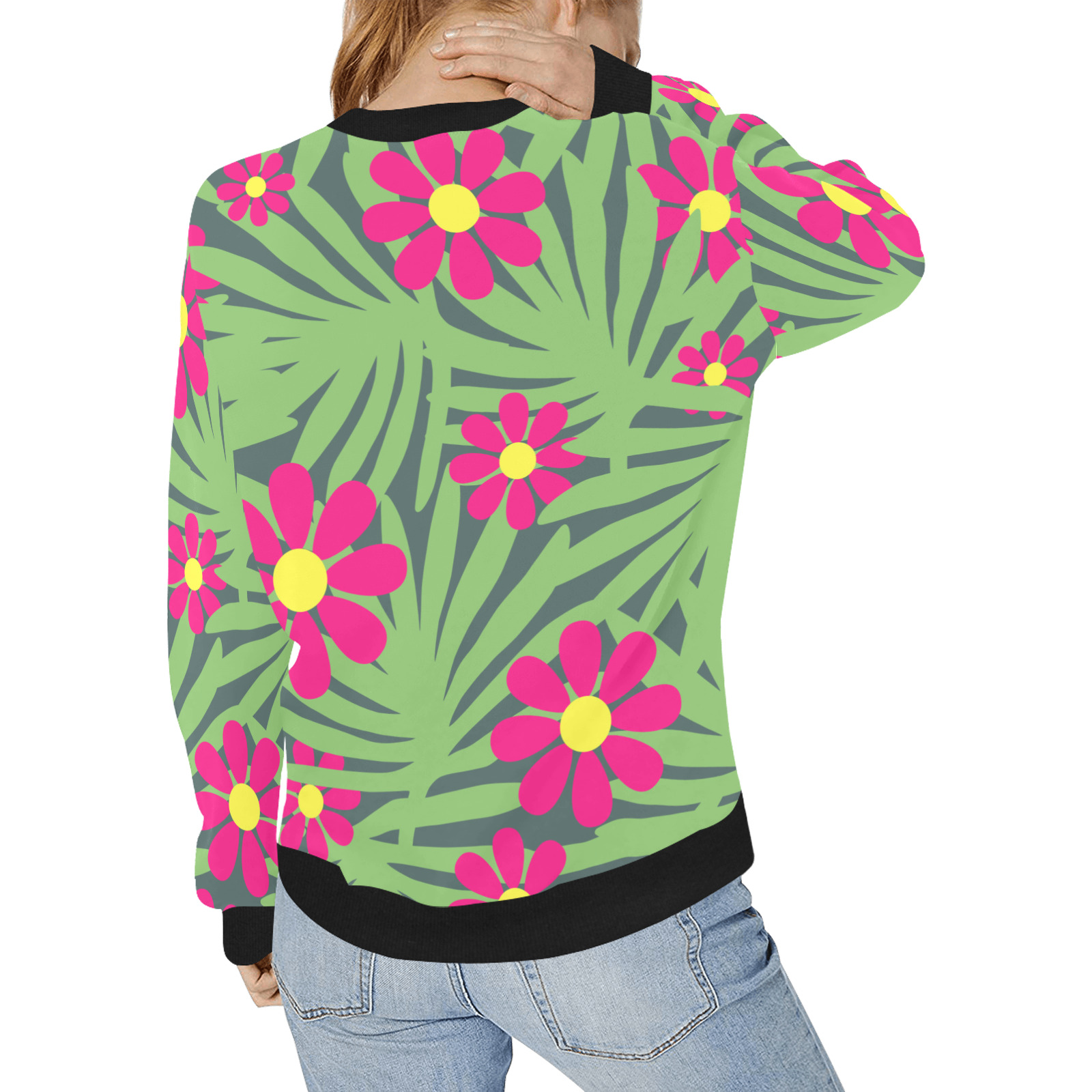 Pink Exotic Paradise Jungle Flowers and Leaves Women's Rib Cuff Crew Neck Sweatshirt (Model H34)