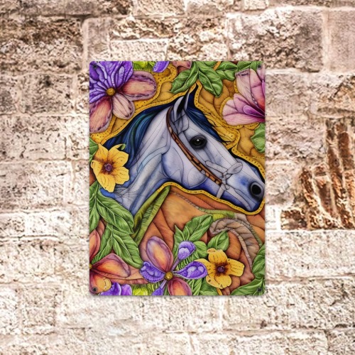 Boho Simulated Quilt Horse Artwork Metal Sign 12"x16"