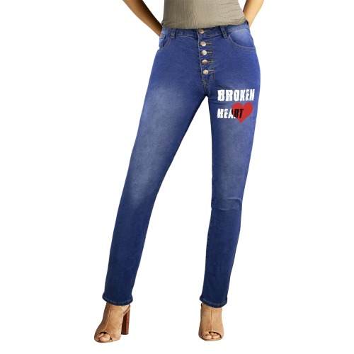 Broken heart decorative text and red heart image. Women's Jeans (Front&Back Printing)