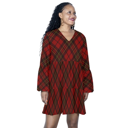 Red tartan plaid winter Christmas pattern holidays V-Neck Loose Fit Dress (Model D62)