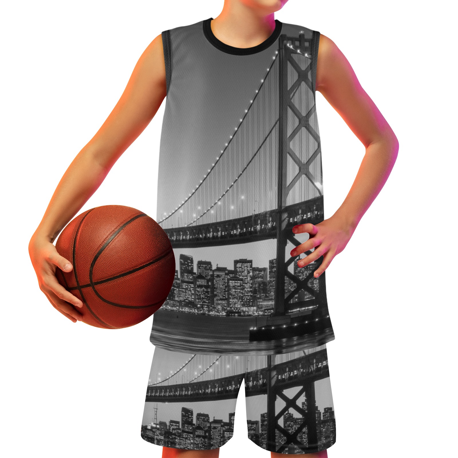 San Francisco skyline and Bay Bridge at sunset, California gym set Big Boys' Basketball Uniform