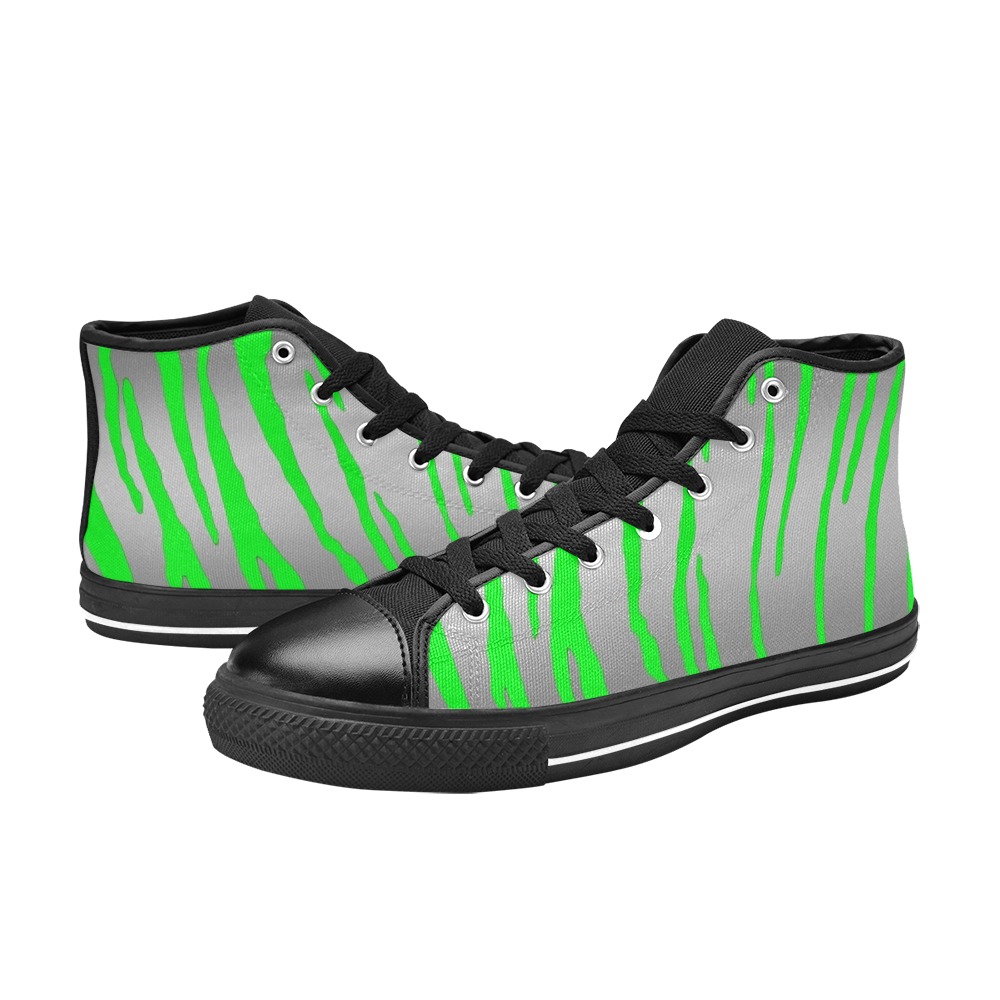 Silver Tiger Stripes Green Women's Classic High Top Canvas Shoes (Model 017)