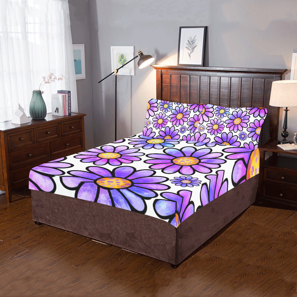Lilac Watercolor Doodle Daisy Flower Pattern 3-Piece Bedding Set