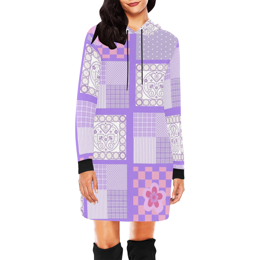 Pink and Purple Patchwork Design All Over Print Hoodie Mini Dress (Model H27)