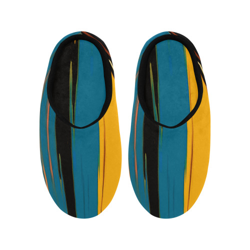 Black Turquoise And Orange Go! Abstract Art Men's Non-Slip Cotton Slippers (Model 0602)
