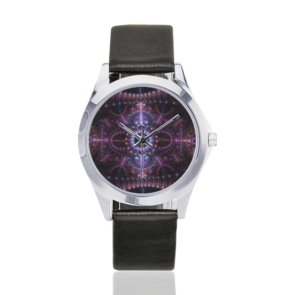 India-inspired pattern Unisex Silver-Tone Round Leather Watch (Model 216)
