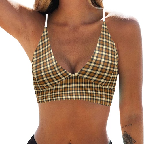 Autumn Brown Beige Plaid Crop Bikini Top (Model S40)