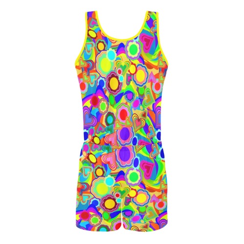 Groovy Hearts and Flowers All Over Print Vest Short Jumpsuit