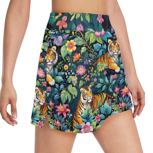 Jungle Tigers and Tropical Flowers Pattern Women's Golf Skirt with Pockets (Model D64)