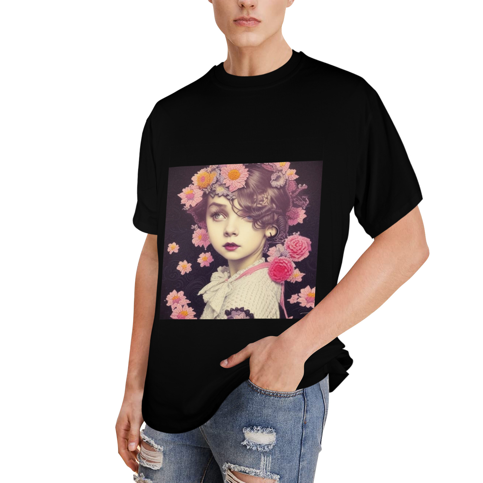 pretty girl with orange pink  knit flowers 6 Men's Glow in the Dark T-shirt (Front Printing)