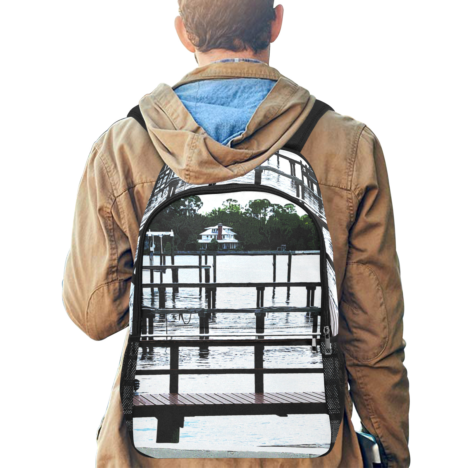 Docks On The River 7580 Fabric Backpack with Side Mesh Pockets (Model 1659)