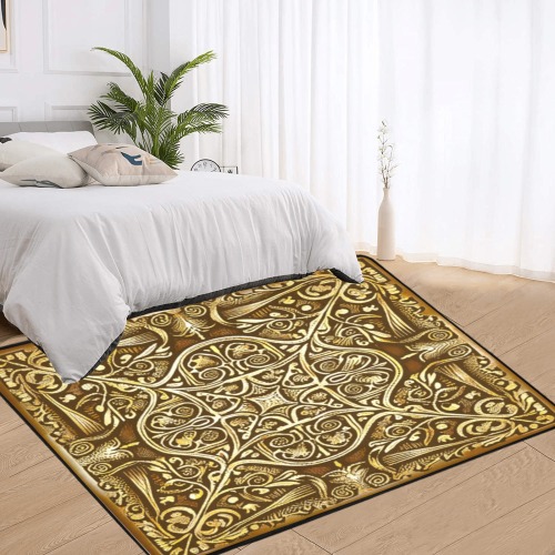 damask pattern, gold and brown Area Rug with Black Binding 7'x5'