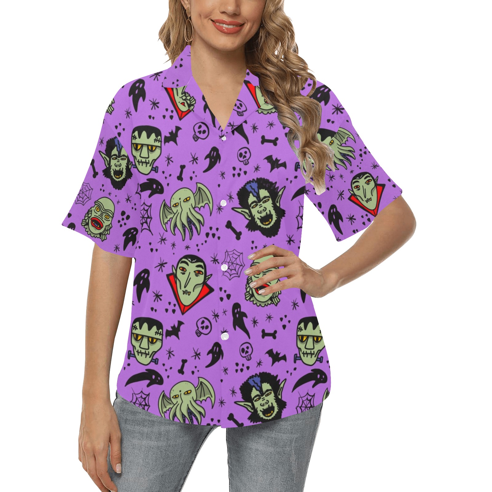 Pattern-Mostri All Over Print Hawaiian Shirt for Women (Model T58)