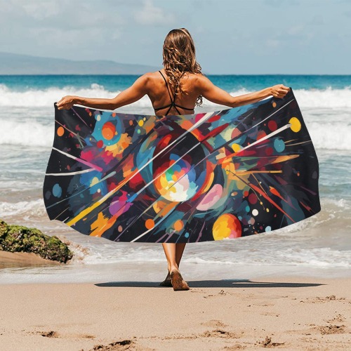 Planets and stars in deep space cool abstract art Beach Towel 32"x 71"