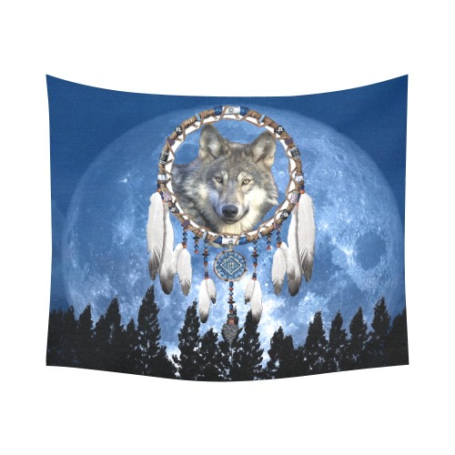 Wolf, Dream Catcher and Moon Cotton Linen Wall Tapestry 60"x 51"