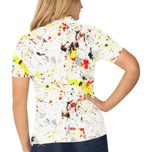 Yellow, Red, Black Paint Splatter Women's All Over Print Polo Shirt (Model T55)