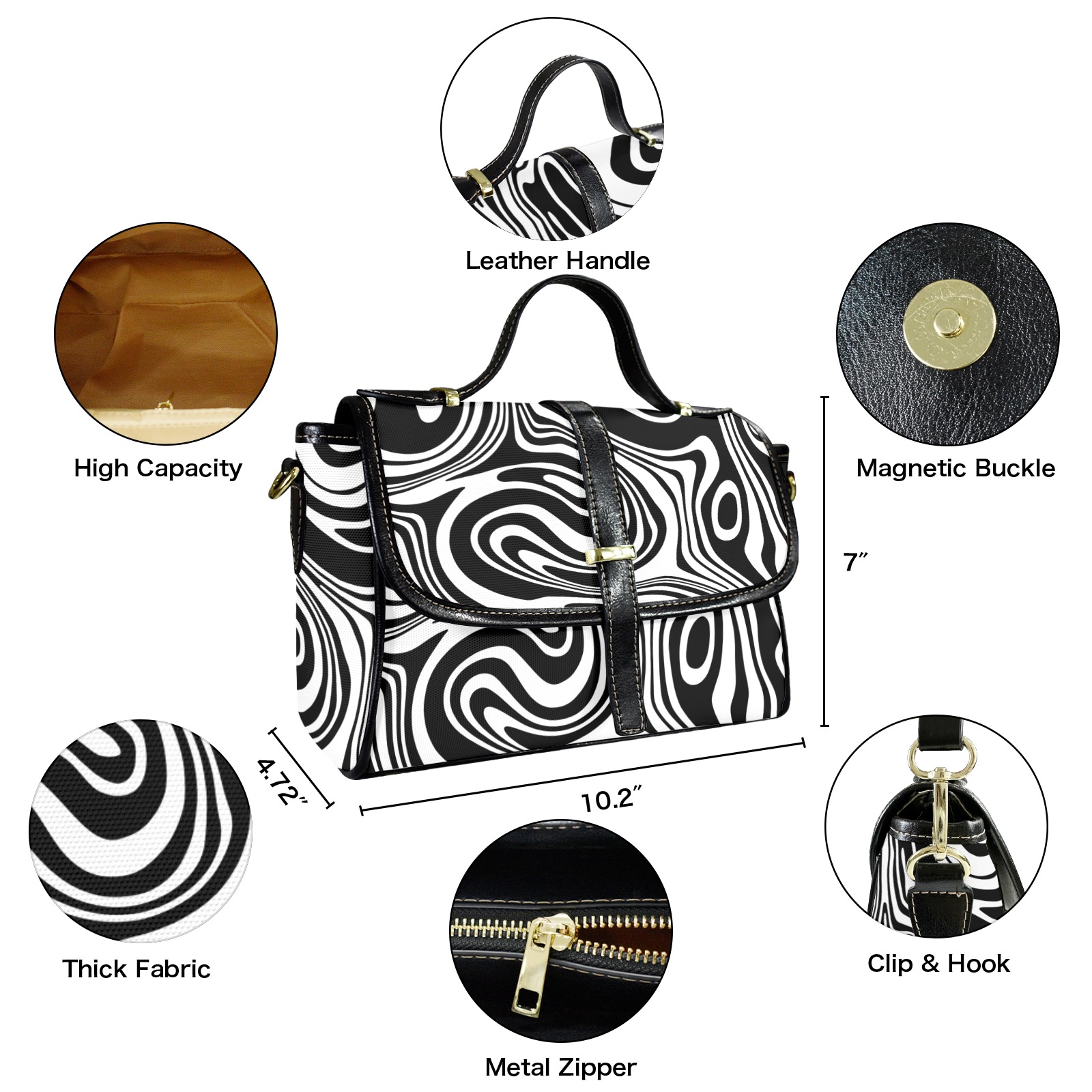 Black and White Marble Multi-Function Satchel-Black (Model 1740)